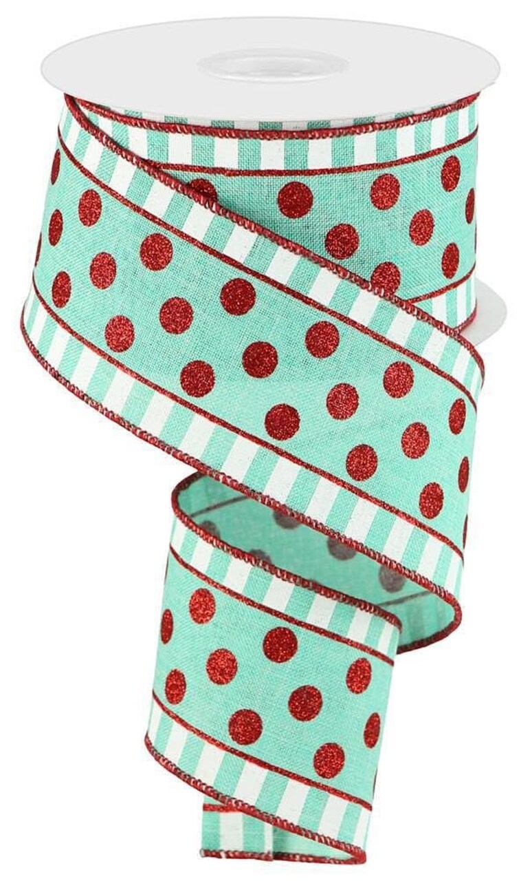 RG Ribbon: 2.5" Glitter Stripes and Polka Dots with Wired Edges, Mint Green, Red, White - 10 Yards For Christmas Wreaths, Bows, Crafts, and Decorations